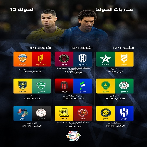 مباريات الجولة 15 من الدوري السعودي